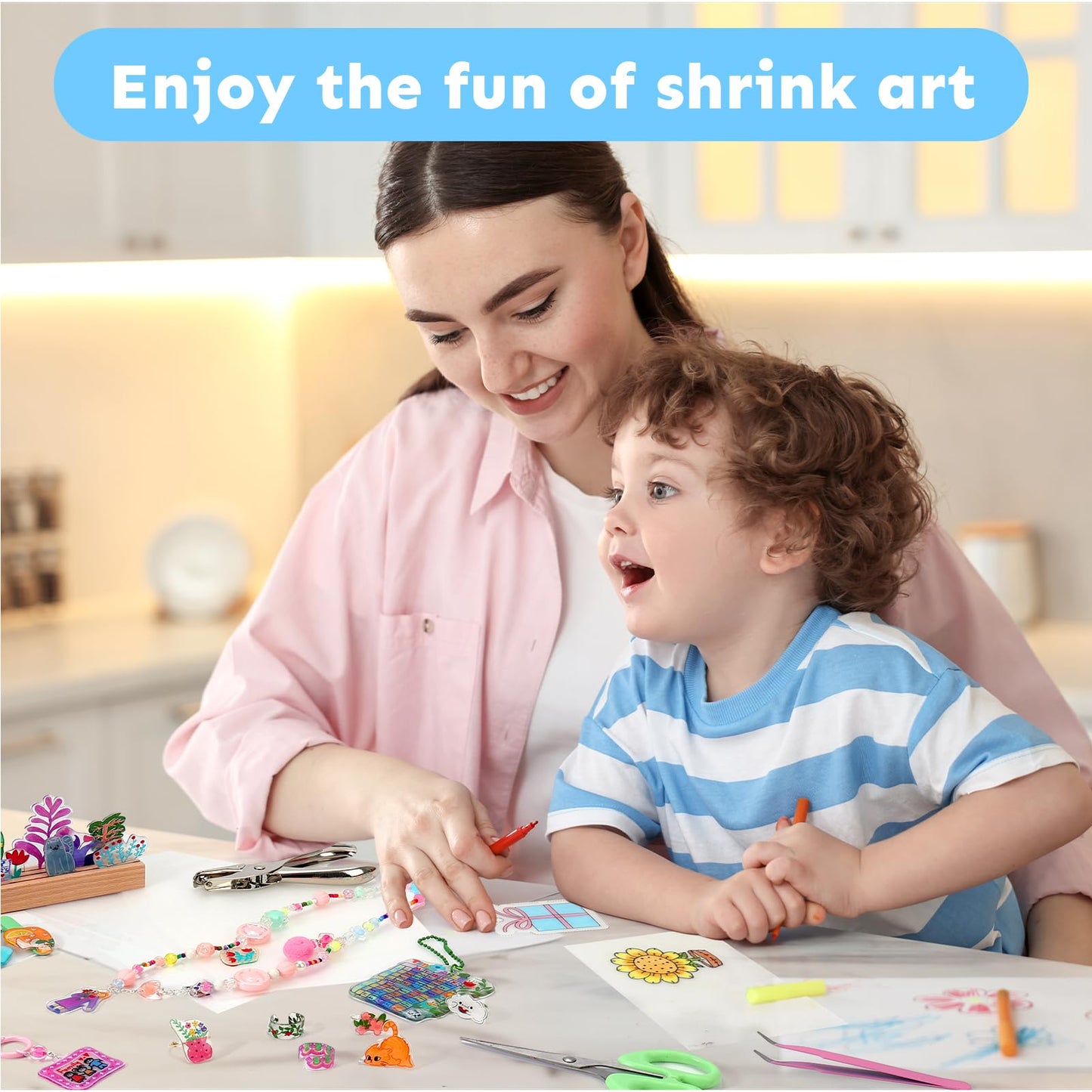 Auihiay 198 Pieces Shrink Plastic Kit Includes 20 Sheets Shrink Papers, Hole Punch, Keychain Accessories and Pencils for Shrinky