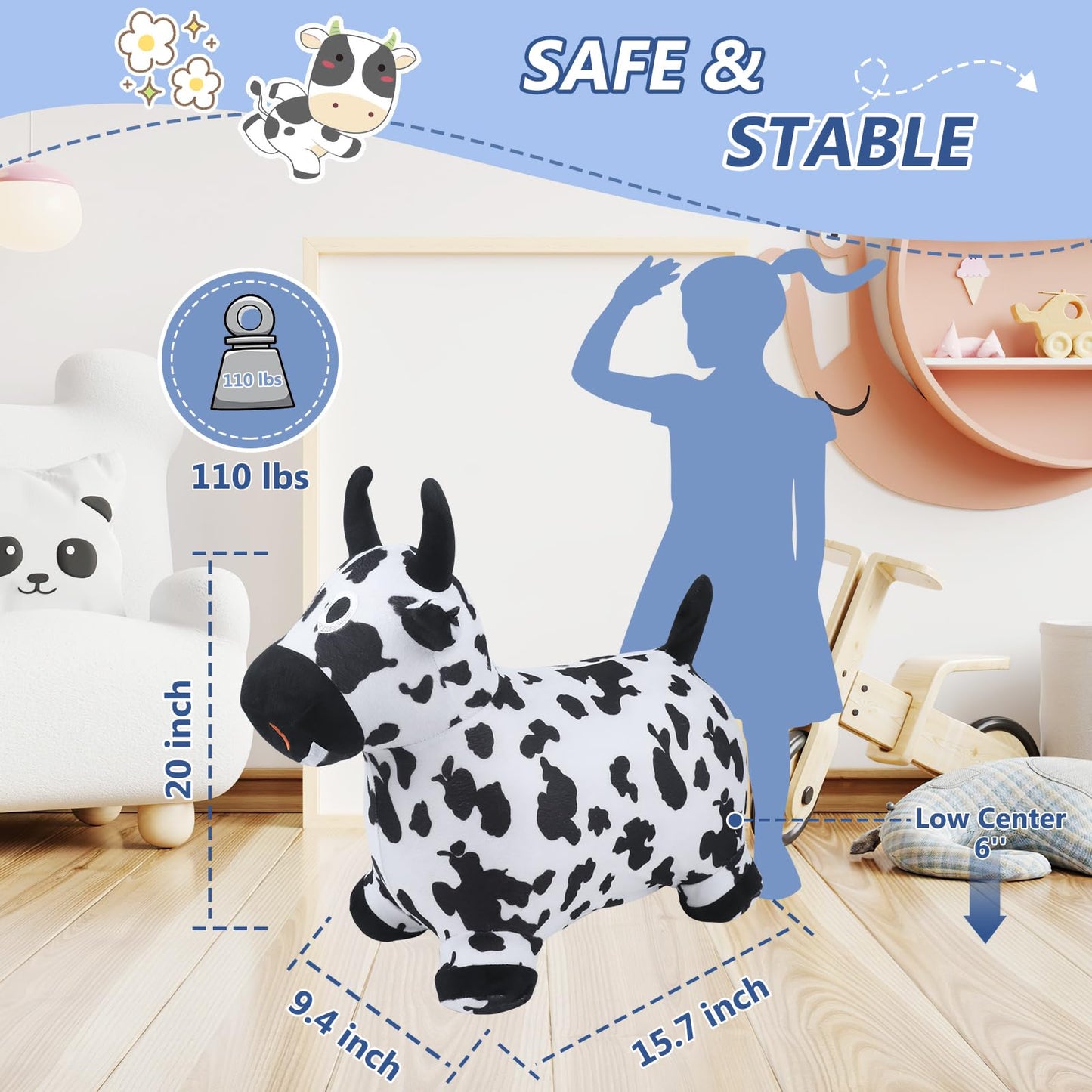 Ekepe Bouncy Hopper Cow & Horse 2 Pcs, Inflatable Hopping Outdoor Ride On Bouncy Animal Play Toys With Pump, Birthday For Kids,