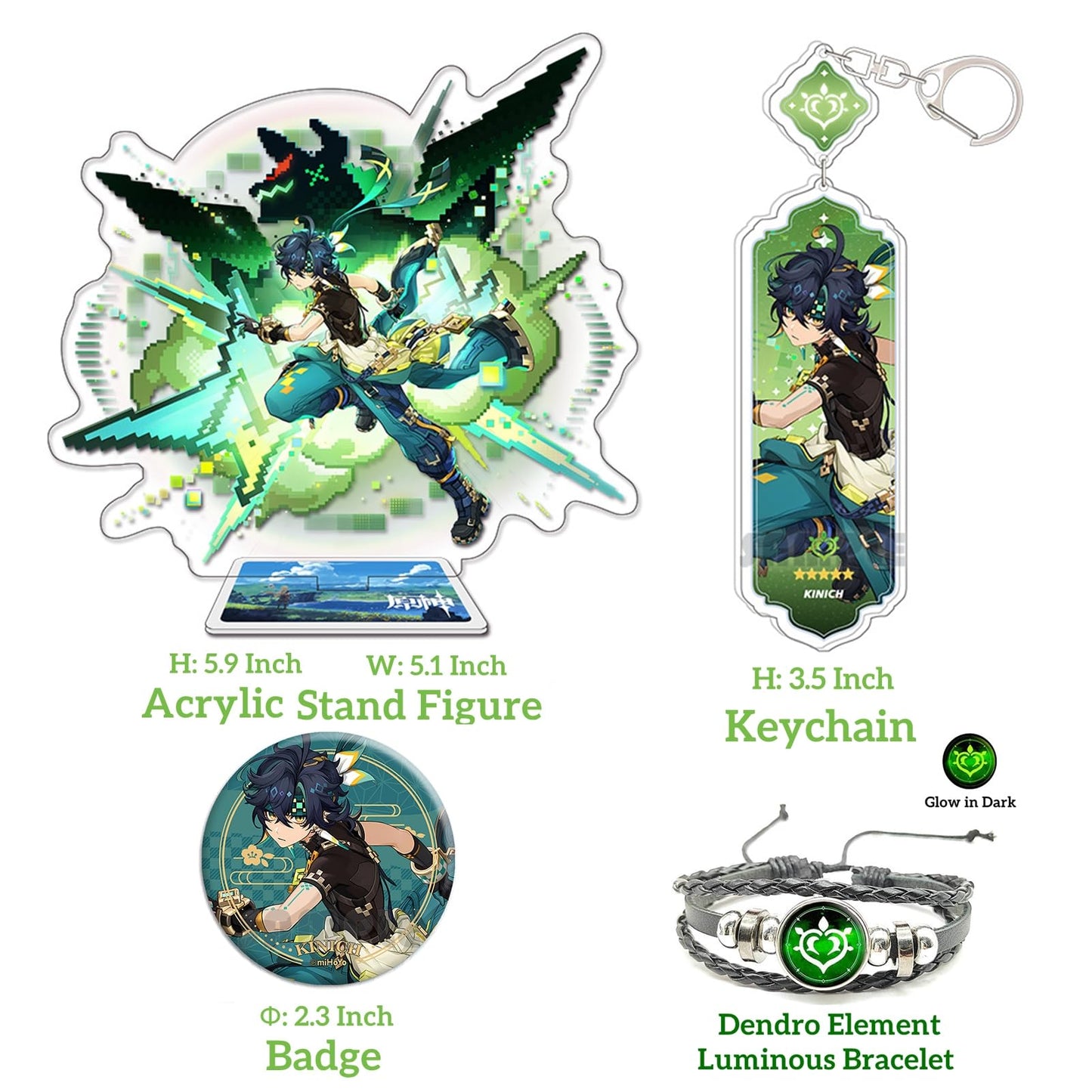 Motao Genshin Impact Box Kinich Merch Set - Plush Doll, Poster, Pillowcase, Stand Figure, Bracelet, Badge, Keychain, Card Holder