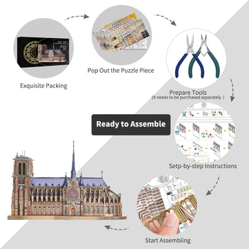 Piececool 3D Metal Puzzles For Adults And Teens, Notre Dame De Paris Church Metal Model Kit, Challenge French Cathedral Brain Te