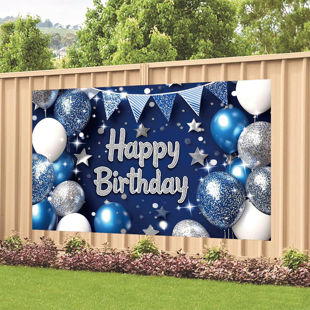 Yilzo Backdrop Blue Silver Balloon Star Happy Birthday Banner 70.8 x 47.2 Inch Photography Background for Men Party Supplies
