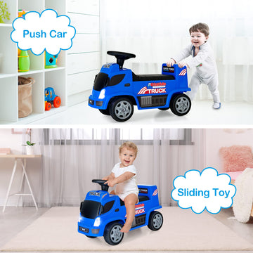 Olakids Kids Ride On Push Car, 2 In 1 Foot-To-Floor Sliding Truck With Detachable Trailer, Steering Wheel, Headlights, Music, Alarm Sound, Toy Walker Gift For Toddlers Age 1.5-3 Boys Girls (Blue)