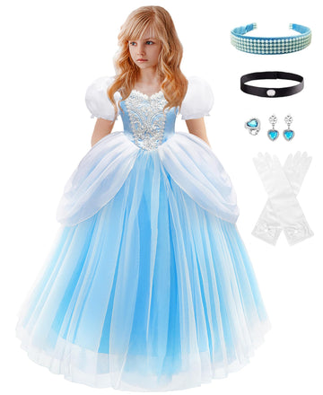 Axaxa Cinderella Costume For Girls Blue Princess Dress Halloween Birthday Party Outfits With Accessories For 7 Years