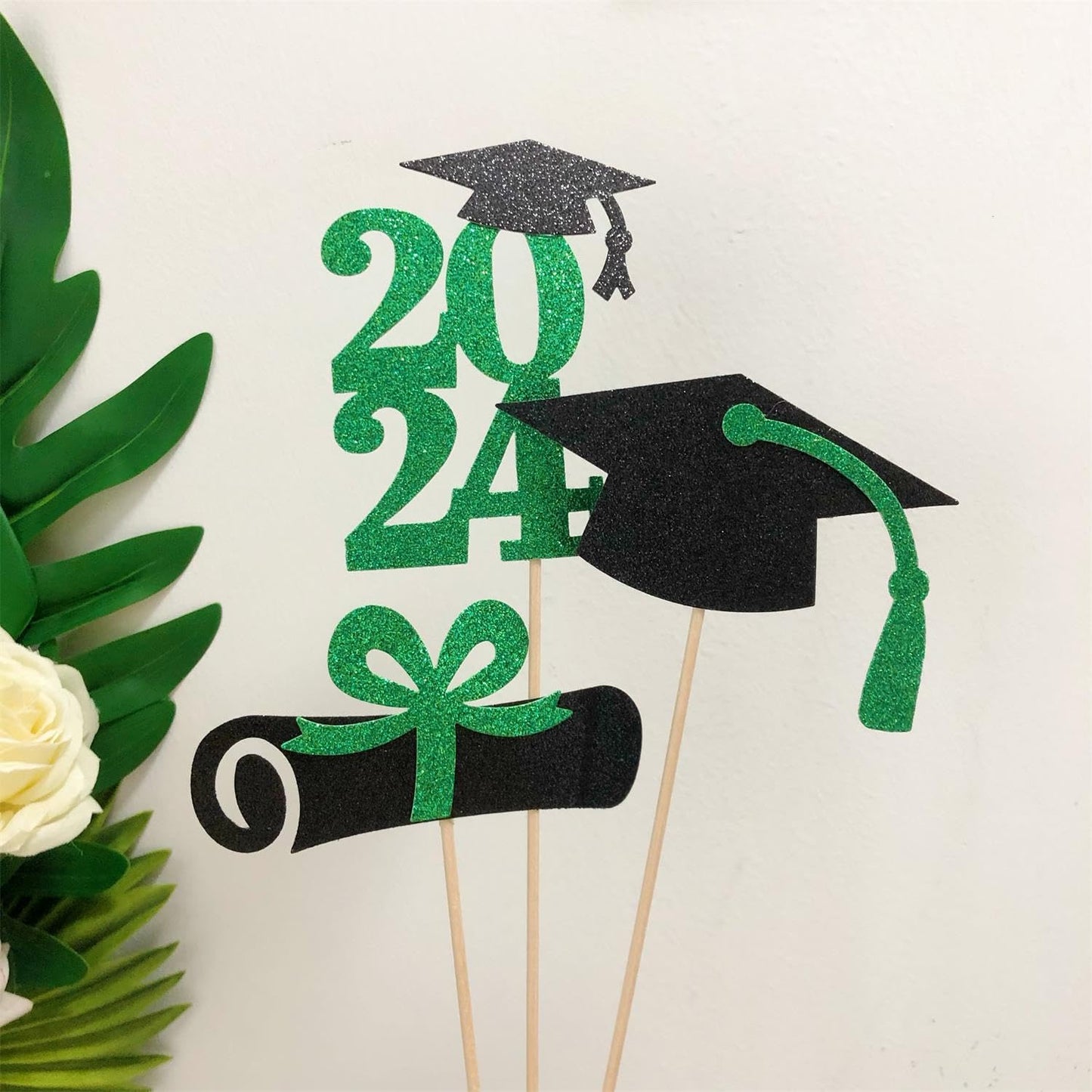 Alissar 15-Pack Double Sided Glitter 2024 Graduation Party Centerpiece Sticks Green- Table Toppers For 2024 Graduation Party Dec