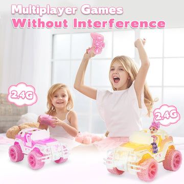 Pink RC Cars for Girls, 1:16 Scale Cute Remote Control Car with 9 LED Colorful Light & Multiple Music Mode, 80 Mins Play 2.4GHz