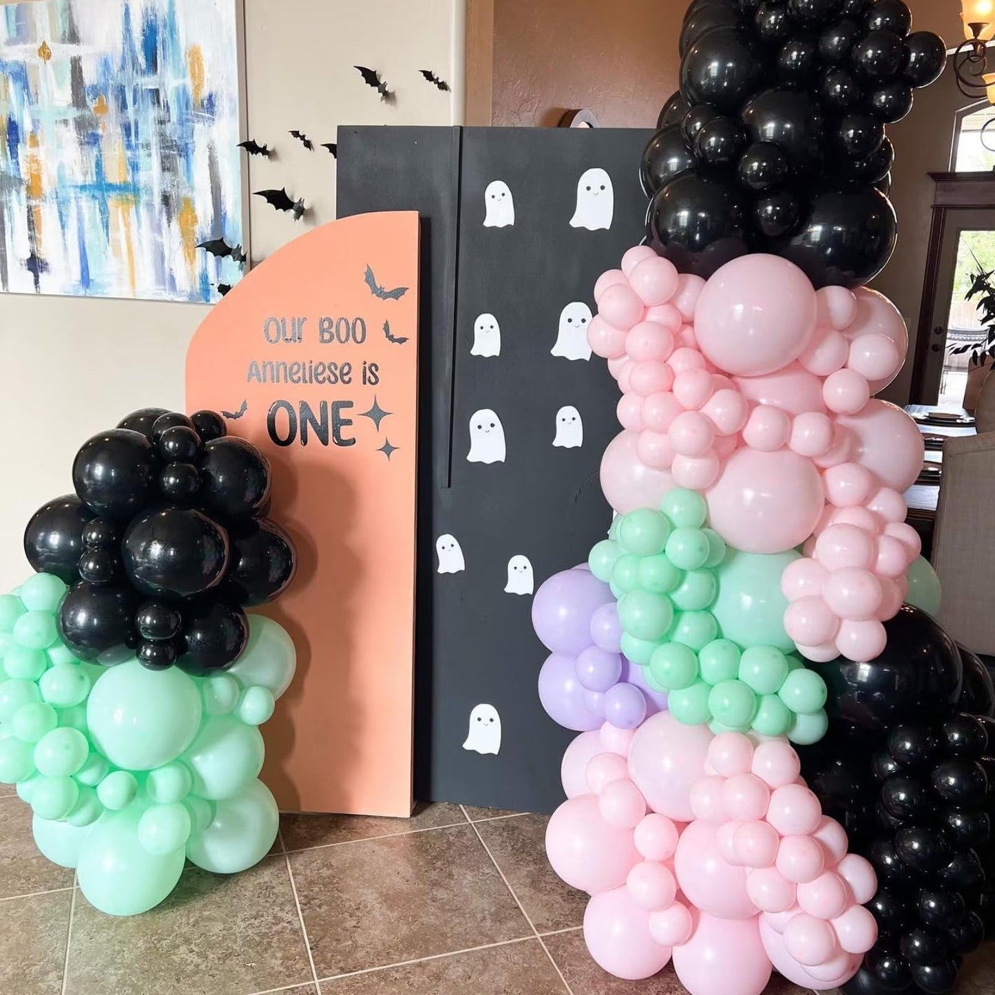 Halloween Party Decorations Balloon Garland Kit, 130Pcs Black Green Pink Latex Balloons Garland With Double-Layered Retro Peach Balloons Boo Foil Balloons Spider Web For Kids Halloween Party Supplies