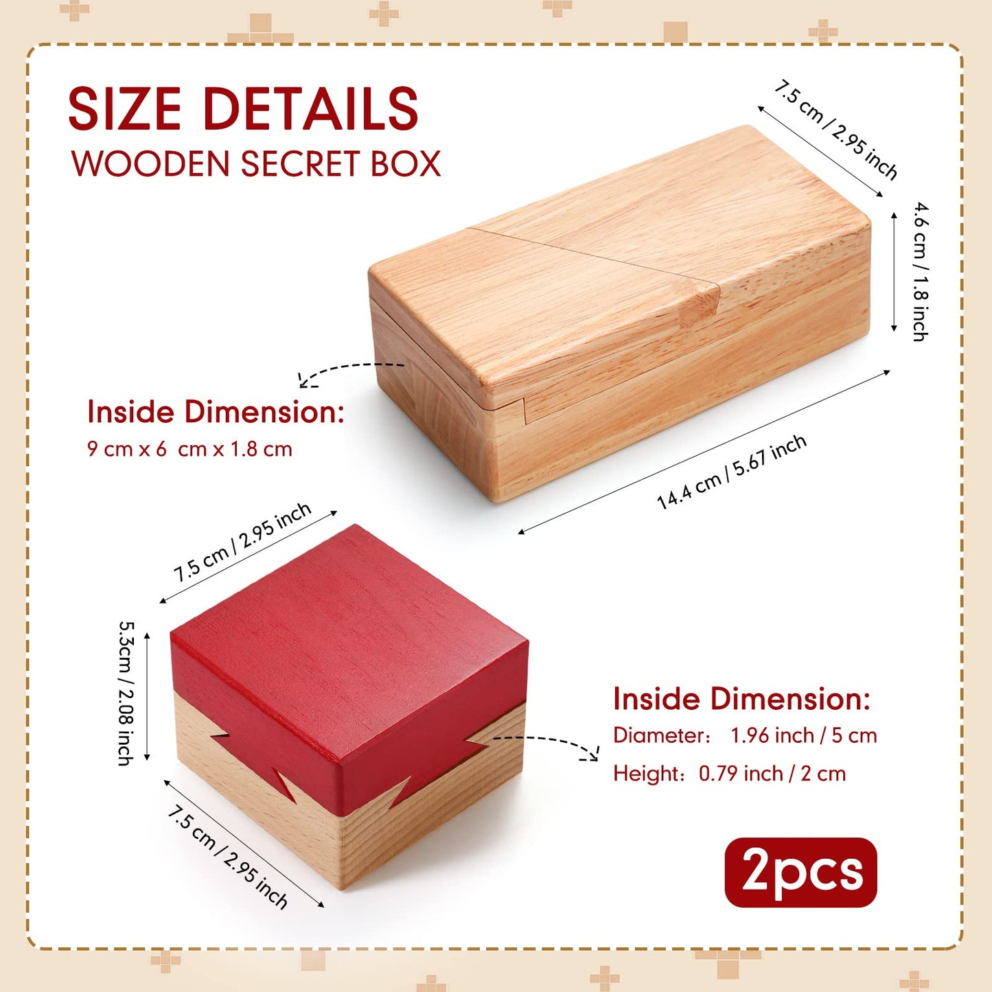 Zhanmai 2 Pack Puzzle Box Wooden Magic Box Impossible Dovetail Box Puzzle Secret Money Box Mini 3D Brain Teaser Magic Gift Drawers Box Mysterious Puzzle Game for Cash Gift mature-themeds Teens (Red)