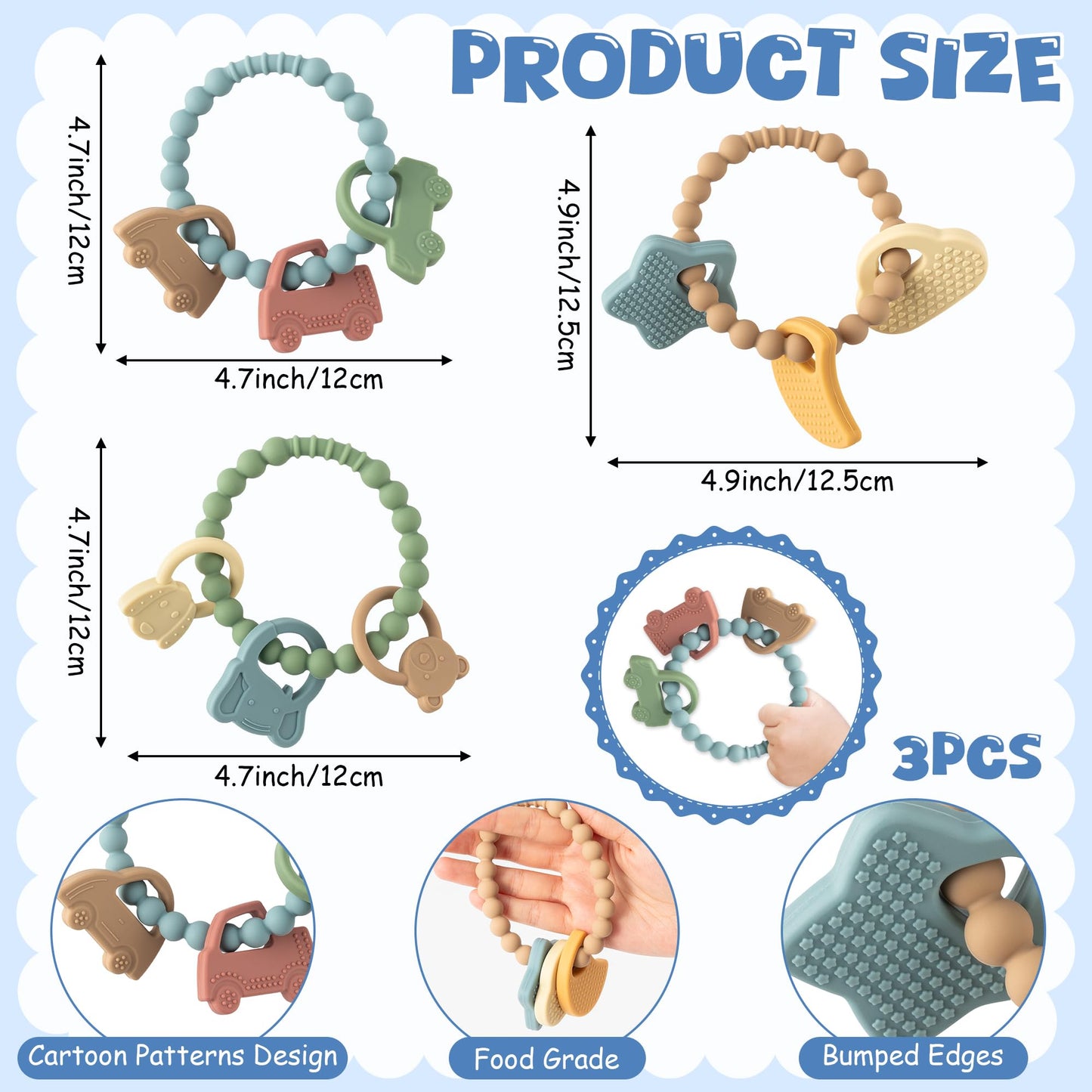 2ooya Silicone Babies Teether Toys - 3Pcs Teething Ring with Rattles, Animal Car Themed Infant Toddle Sensory Chew Toys for Newb