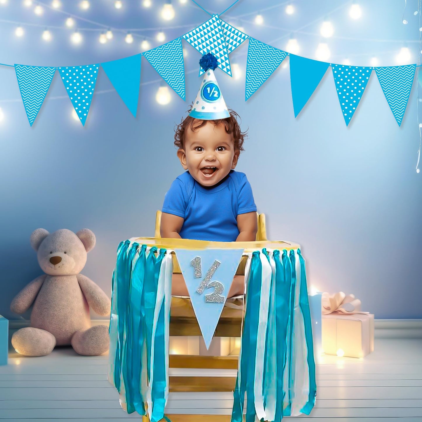 Untumble Foil Half Birthday Decoration For Baby Boy  Blue Bunting Banner, 1/2 Birthday Cap, Triangle Bunting  Pack Of 3