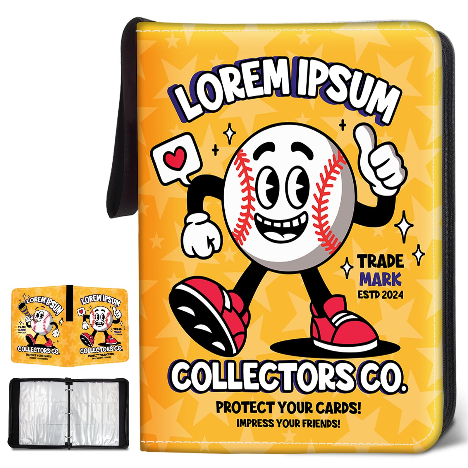 Wazzio 900 Pocket Baseball Card Binder  Trading Card Storage Album with 50 Durable 9-Pocket Pages  Baseball Design on Pocket Card Packs  Gifts for Zipper Closure Collector's Album