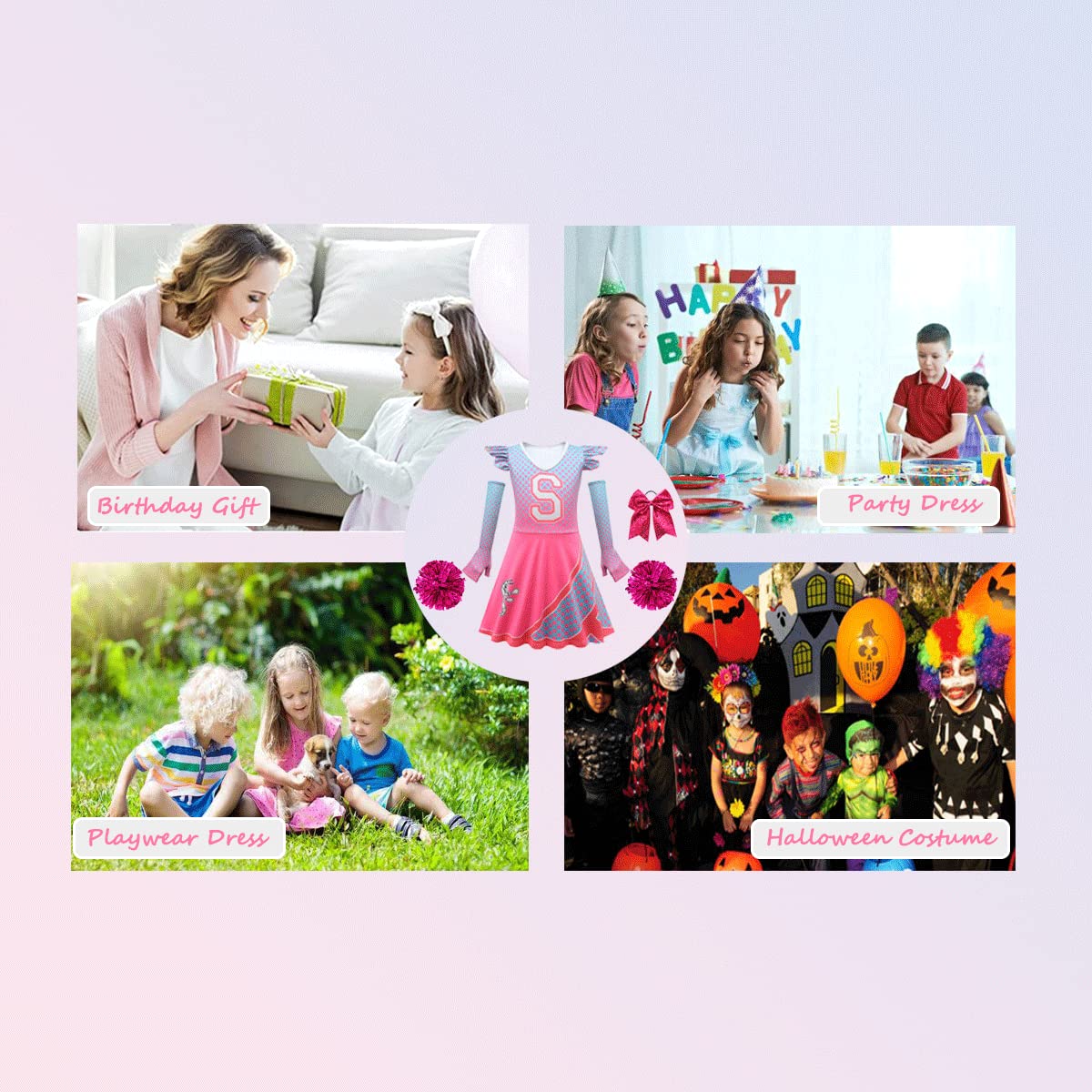 Zombie 3 Cheerleader Dresses for Girls Alien Dresses for Girls Zombies Dresses Kids with Pom Poms and Bow Hair Rope 7-8Y