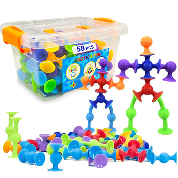 Dapam 58 Piece Suction Fun Sticky Toy Set with Storage Bin, BPA Free Silicone, Stimulating Sensory Travel Bathtub Window Toys fo