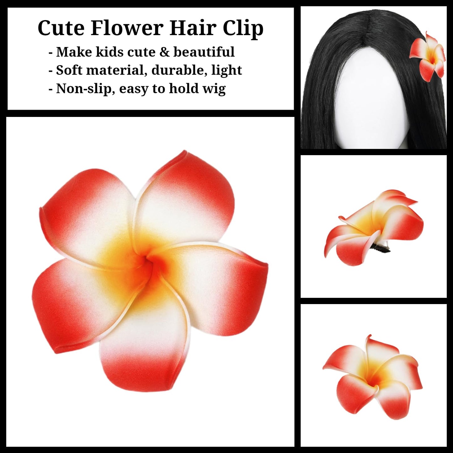 Half and Half Long Straight Black Kids Wig with Flower Clip, 27.6'' Synthetic Hair for Girls Toddler Cosplay & Halloween
