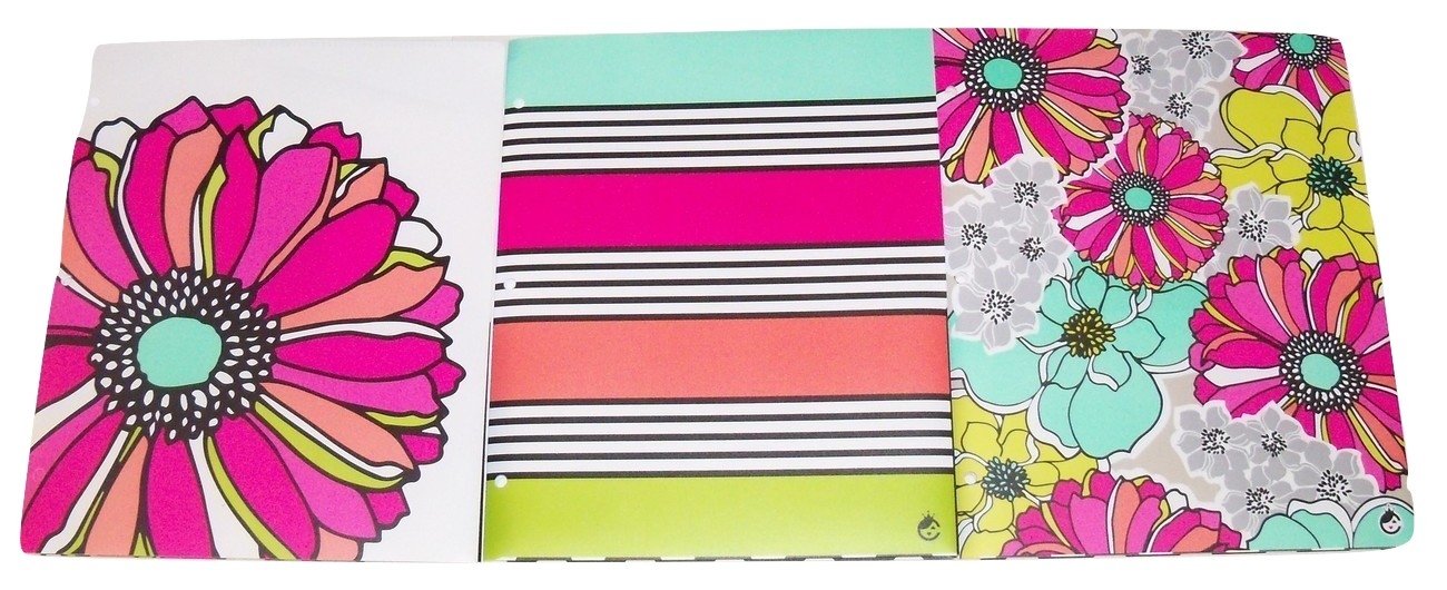 Studio C Carolina Pad Set Of 3 Poly Folders ~ Whimsical Flower (Large Flower Head On White, Colorful Patches Among Black And White Stripes, Floral Collage)