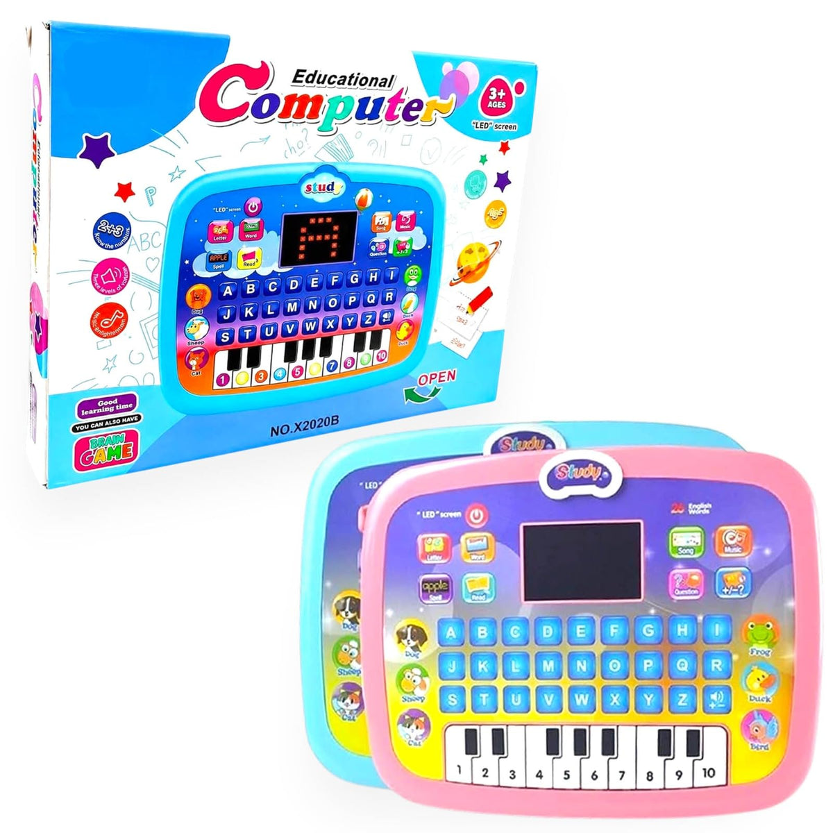 SHAKTISM Kids Educational LED Computer Tablet Learning Toy, 26 English Words, 10 Number Keys, QWERTY Keyboard, Computer Tablet T