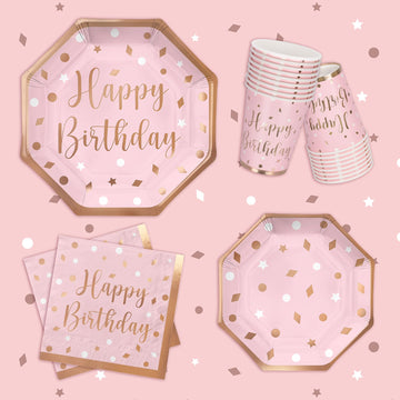 Rose Gold Birthday Party Supplies - Disposable Paper Plates, Napkins, Cups, Tablecloth & Banner For Girl/Women Celebration, Serv
