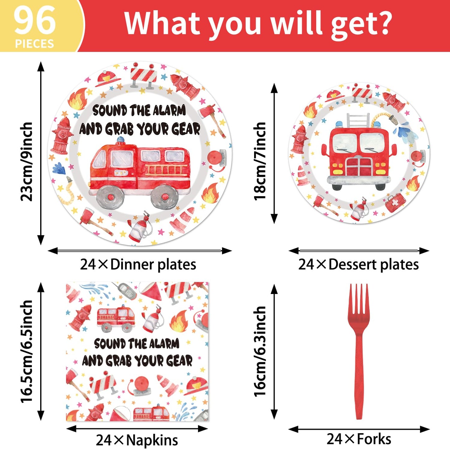 EUOYUFO Firetruck Birthday Party Decorations - 96PCS Fire Truck Plates and Napkins Party Supplies Firefighter Birthday Decoratio