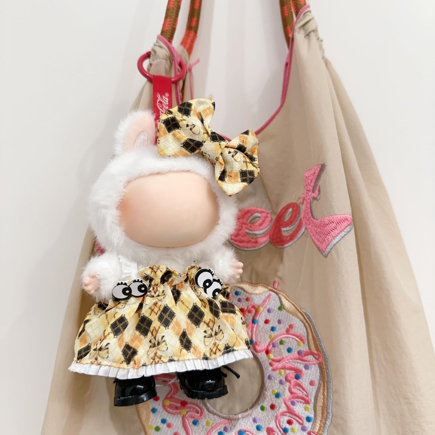 3-Piece Clothes for 17cm Doll Clothes Set & Outfit-Yellow Diamond Plaid Dress + Butterfly Clip + Versatile Black Glossy Shoes