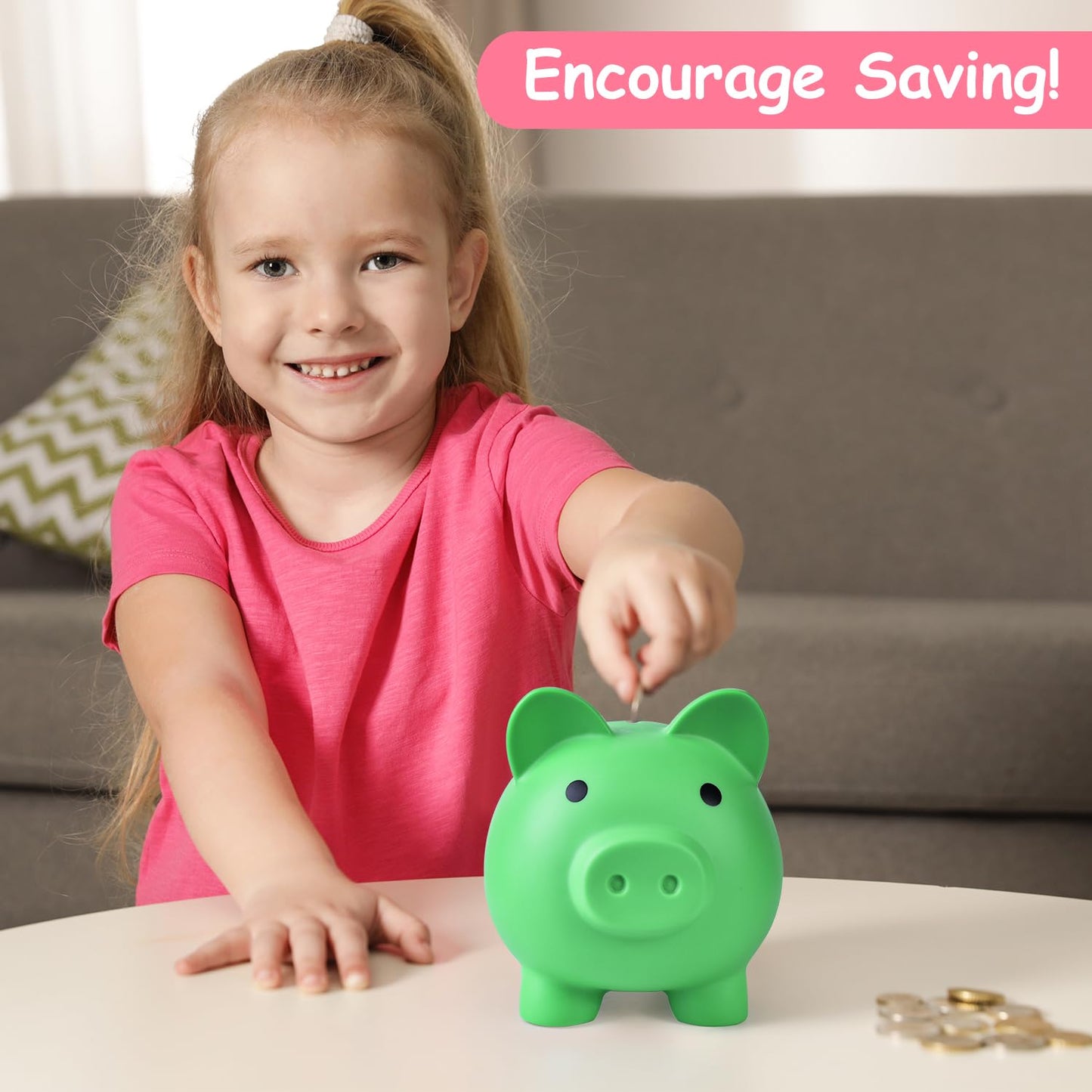 PJDRLLC Large Piggy Bank - Unbreakable Plastic Coin Bank for Kids, Green, Model FD-61