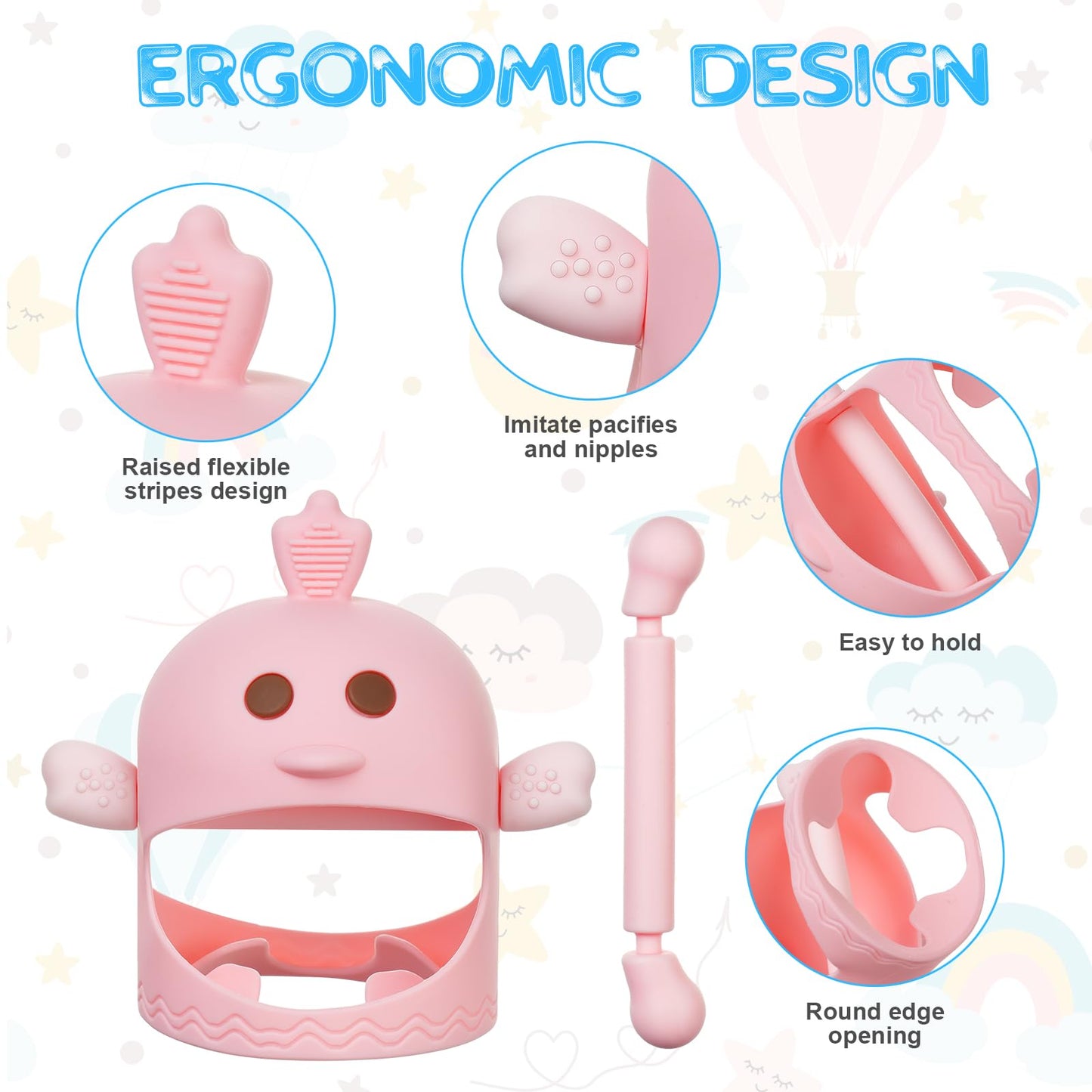 Vicloon Baby Teething Toy  2PCS Silicone Teething Mitten with 2PCS Replacement Grip Never Drop Baby Chew Toys for Teething Relief Soothing Teether for Babies 0-6 Months Teether Toy for Sucking Needs