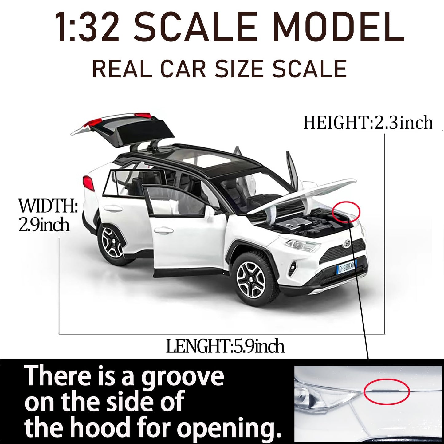 ERBADIHAGO 1/32 RAV4 Alloy Diecast Model Car with Light and Sound, White, 15×7.3×5.8Cm, Perfect Gift for Boys and