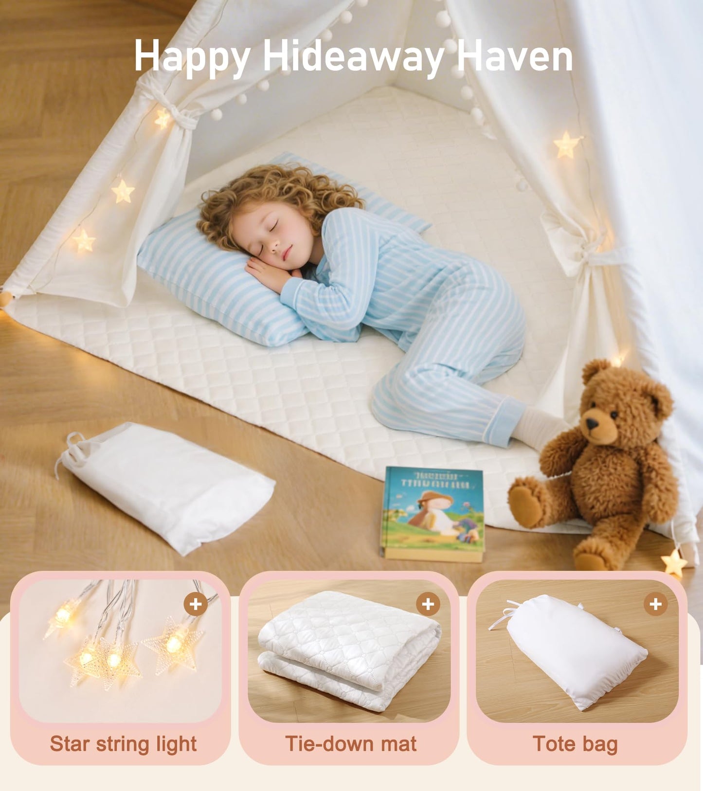 Teepee Tent with Starry Lights  Ground Mat and Pockets  Kids Teepee Tents for Indoor & Outdoor Use  Foldable Play Tents for Boys & Girls  Washable Toddler Play Tent for Birthdays & Holidays