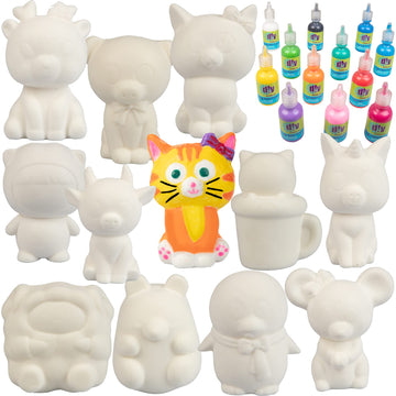 Scs Direct Diy Jumbo Animal Squishies 3.5' -6' (12Pc) & Fabric Paint (12 Bottles) Combo Pack- White Kawaii Slow Rising Squishy Toys For Drawing, Painting, Decorating - Scented Stress Relief Craft