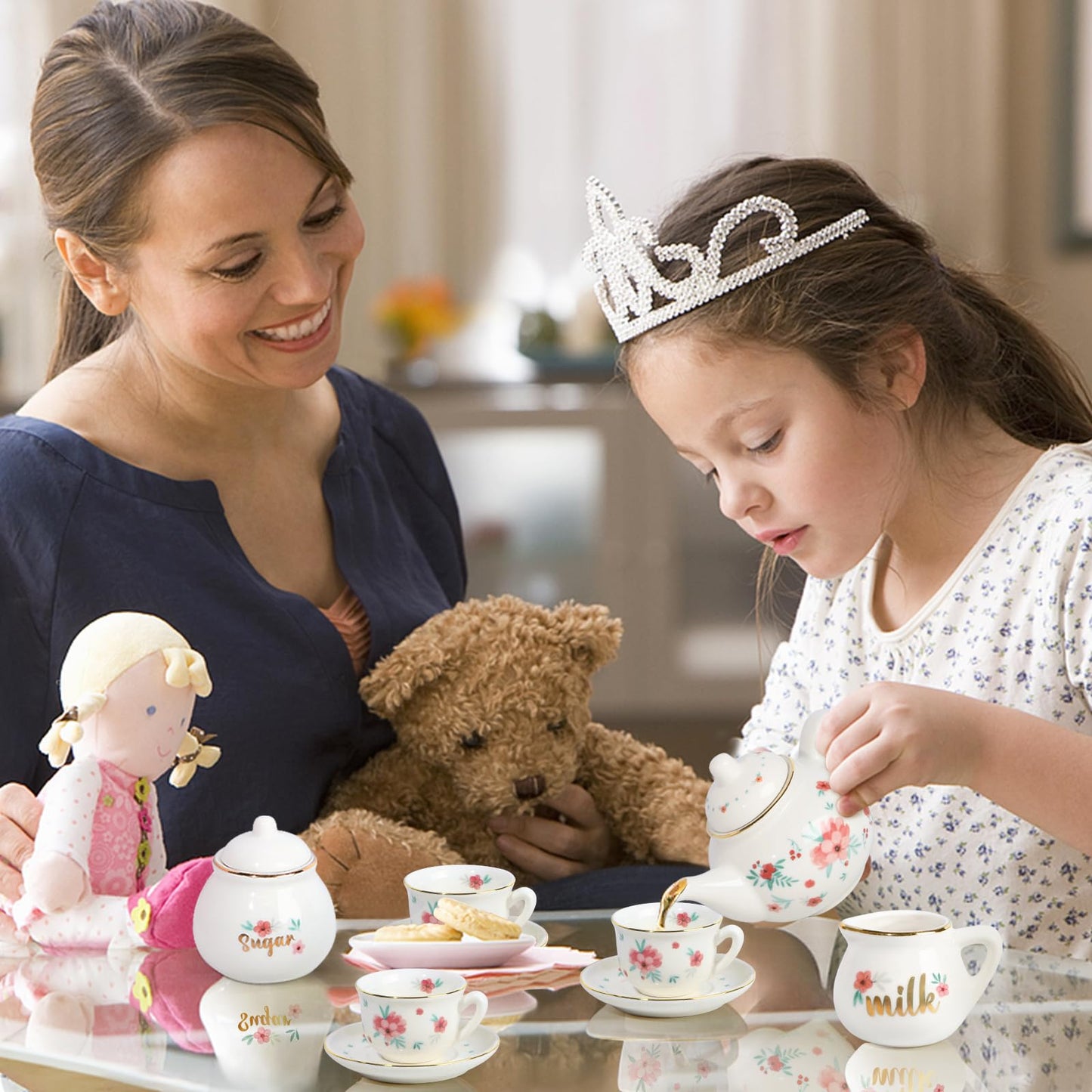 Porcelain Tea Set for Girls, Tea Party Set for Little Girls, Kids Tea Set Kitchen Pretend Play, Princess Tea Time Playset with T