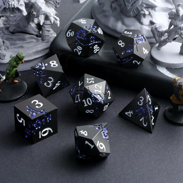 Glitter Blue D&D Metal Dice, DNDND 7 PCS Flower Metallic DND Dice Set with Grogeous Gift Case for Dungeons and Dragon Tabletop G