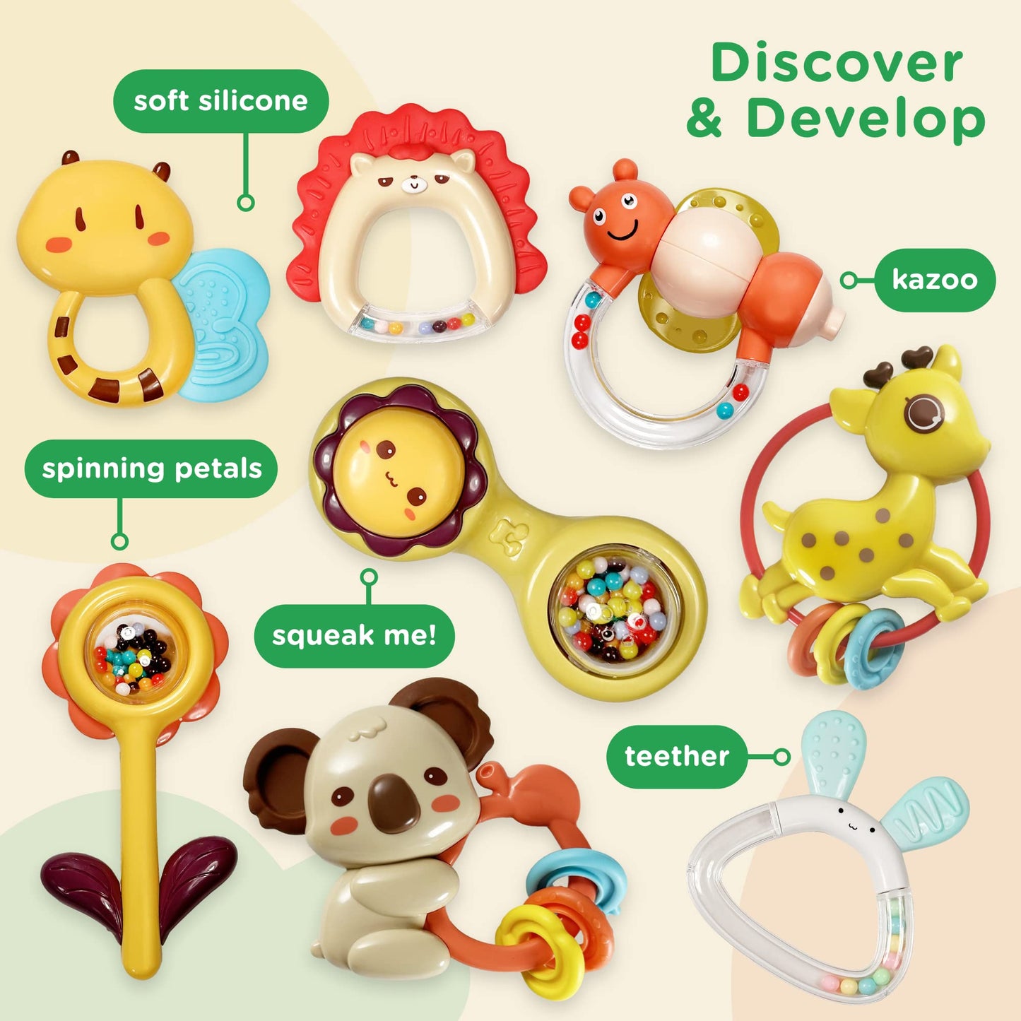 Move2Play, 8 Piece Baby Rattle And Tummy Time Mat Set | Rattling And Silicone Teething Toys | Babies Toy 3-6 Months | 3, 4, 5, 6 Month Old Must Have | Infant Gifts For Boys And Girls