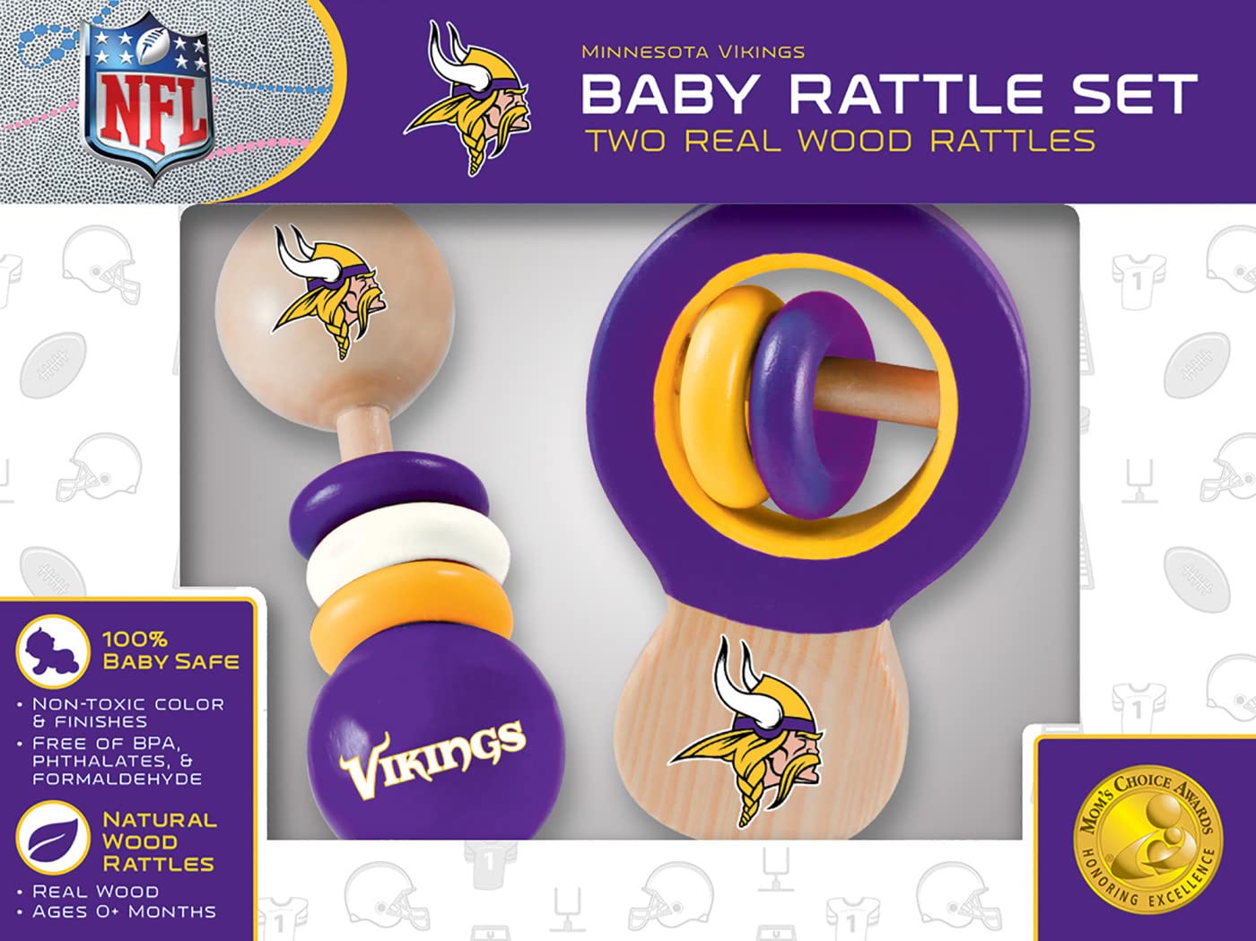 Baby Fanatic NFL Minnesota Vikings Wood Rattle 2 Pack - Official Baby Toy Set, Multicolor