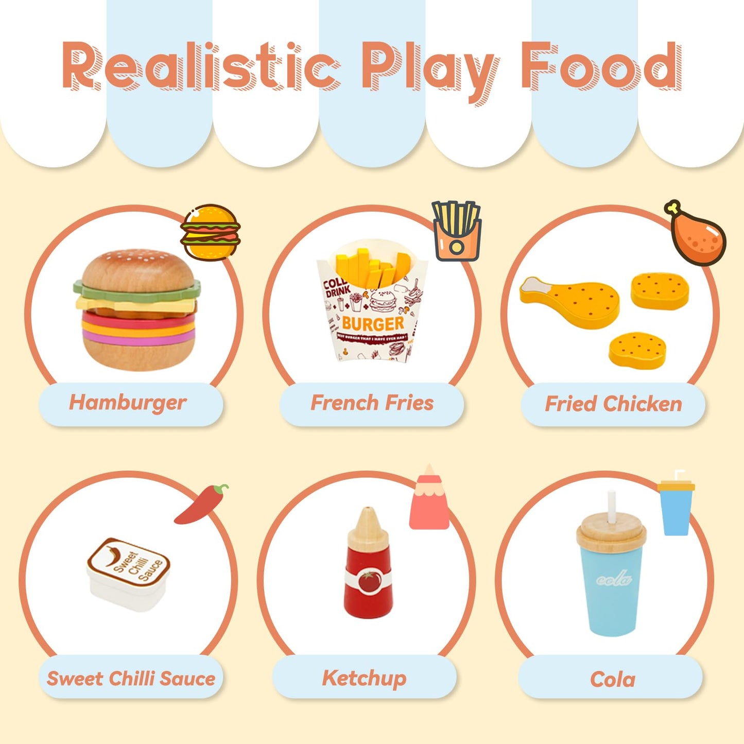 WOODENFUN Pretend Play Food Set for Kids,Wooden Fast Food Playset with Tray Hamburger Cola Fries Combo,Play Kitchen Accessories