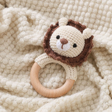 Wooden Baby Rattle, Crochet Lion Rattle, Newborn Wooden Animal Rattle Toy, Infant Rattle Toys