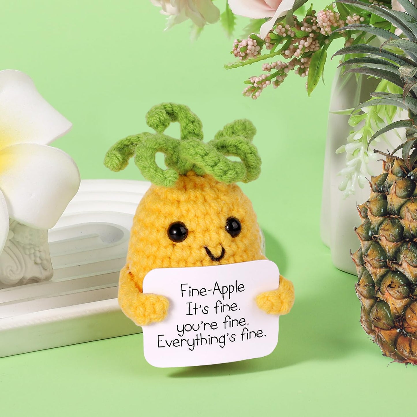Boxob Funny Positive Pineapple, 3.15 Inch Cute Positive Knitted Pineapple Potato Toy With Encouraging Card Creative Crochet Pineapple Doll For Festival Party Decoration Encouragement Gift