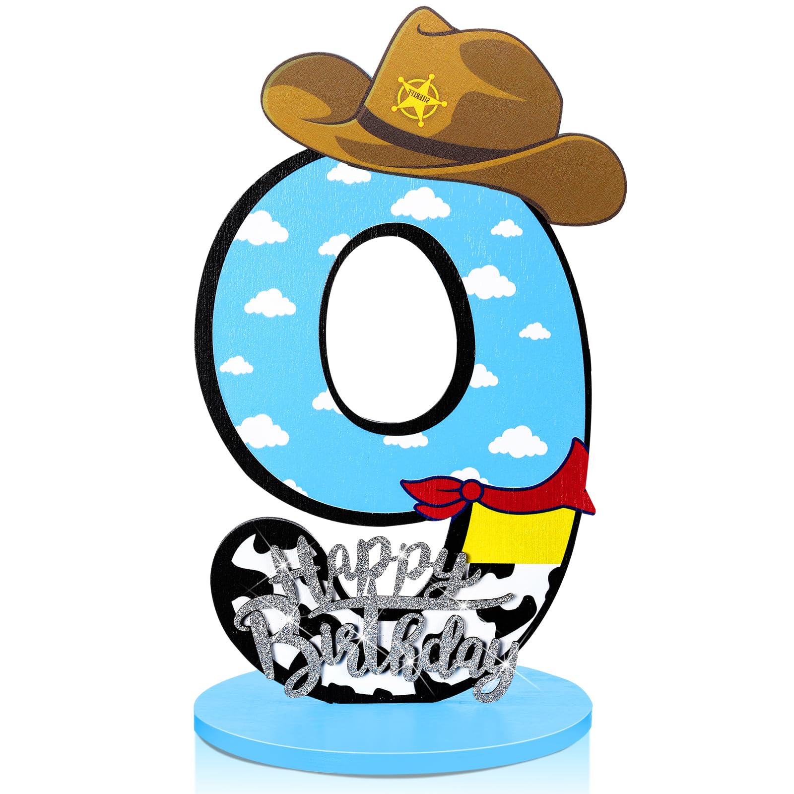 Vercraft Toy Theme 9th Birthday Party Number Centerpiece Cartoon Party Number Sign Blue Sky and White Cloud Cow Birthday Sign fo