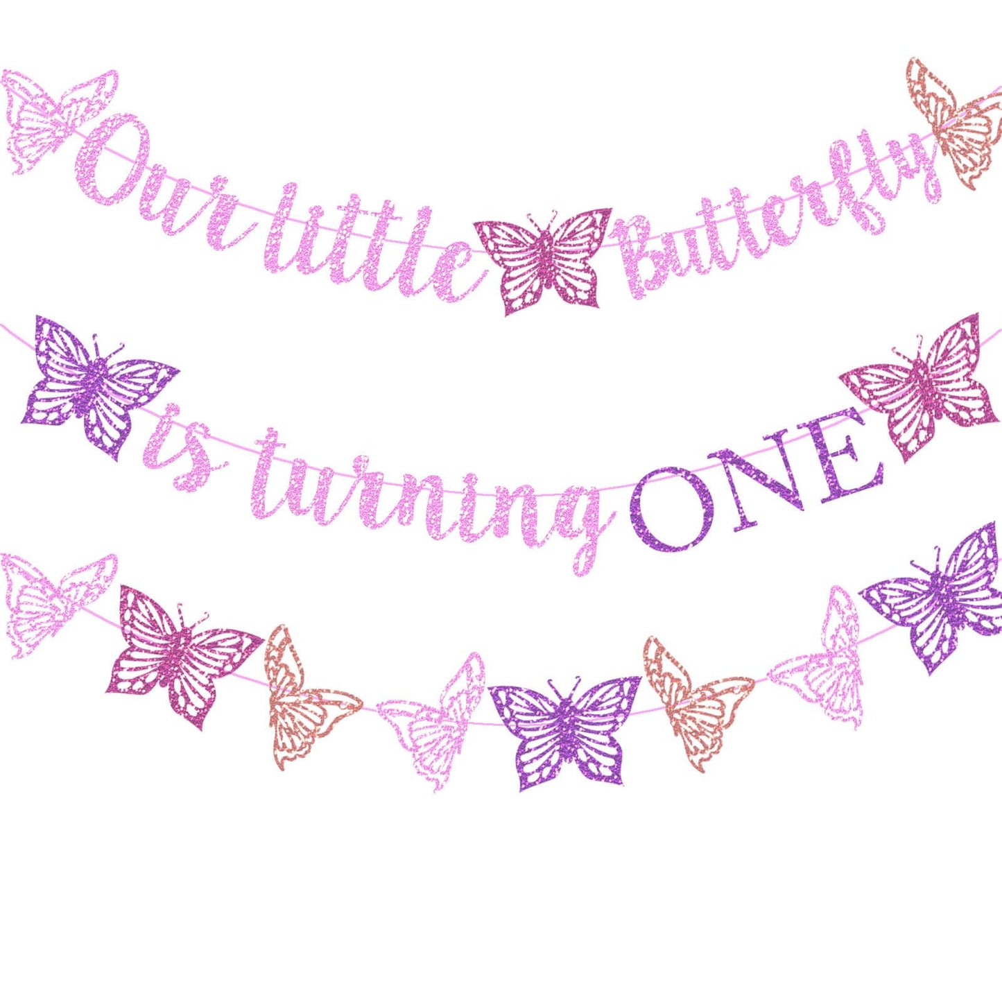 Our Little Butterfly is Turning One Banner Pink Glitter Butterfly 1st Birthday Banner for Spring Butterfly Girls One Year Old Bi