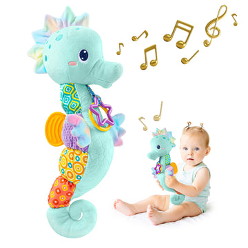 Sumobaby Infant Baby Musical Stuffed Animal Activity Soft Toys With Multi-Sensory Crinkle, Rattle And Textures, For Tummy Time Newborn 0-3-6-12 Months Boys, Girls, Seahorses, Blue