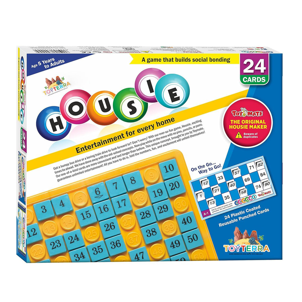 Toyterra Housie 24 Blue Reusable Cards | Family Fun Game | For Small Gathering | No Pins Or Pencils Required | For Age 3 Years +