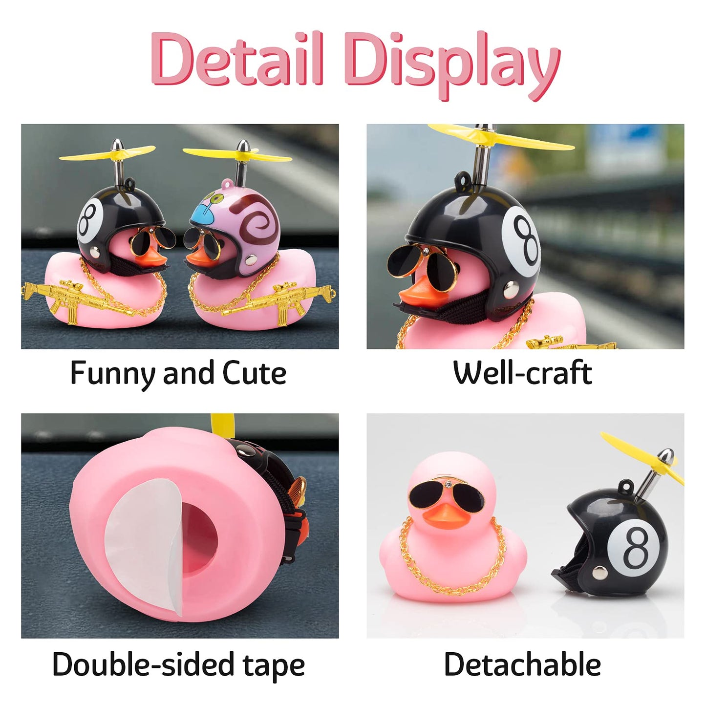 wonuu Rubber Duck Car Ornament Set - Pink Duck with Propeller Helmet, Sunglasses & Gold Chain - W-Pink-Black 8