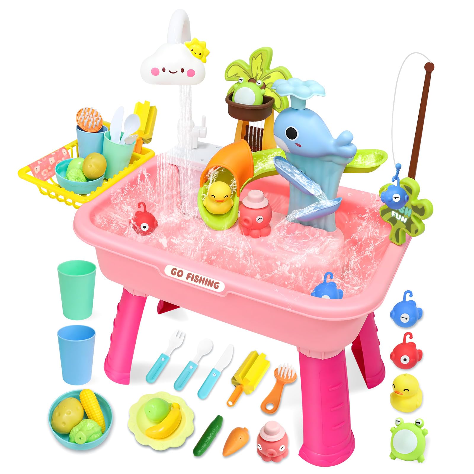 Abcaster 2025 Upgraded Water Table For Toddlers With Electric Water Pump,Mini Play Sink With Detachable Legs, Fishing Game, Kids