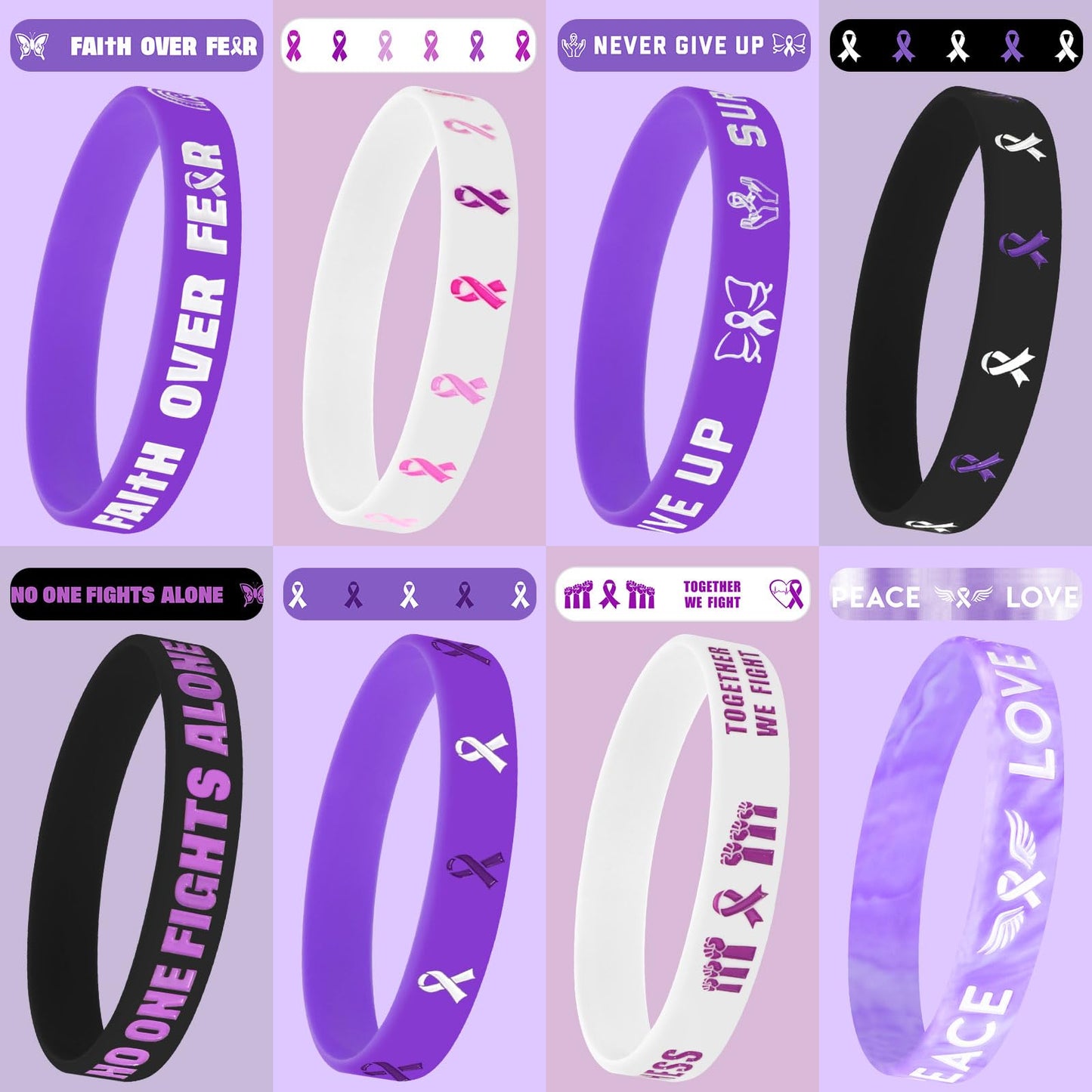 Junebrushs 42Pcs Purple Ribbon Awareness Accessories Silicone Bracelets Hope Faith Courage Wristbands For Lupus Domestic Violence Epilepsy Pancreatic Cancer Alzheimers Awareness Party Supplies