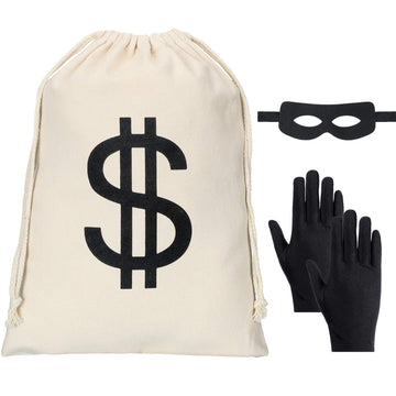 Robber Costume Set, Include 11.8x15.7inch Dollar Sign Money Bag, Black Gloves, Eye Mask for Halloween Party Pirate Thief Cosplay