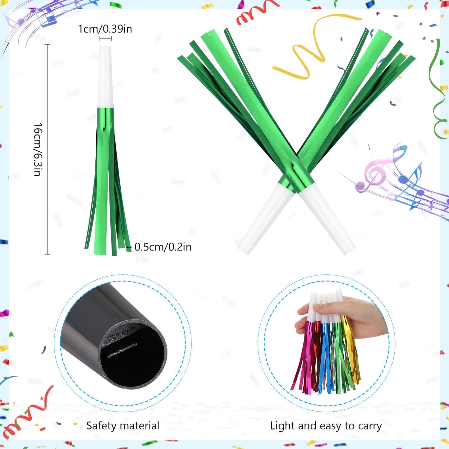 LCPQMZGH 30 Pcs Gold Noise Makers, Metallic Fringed Noise Makers for New Year Party Favor Supplies, Green