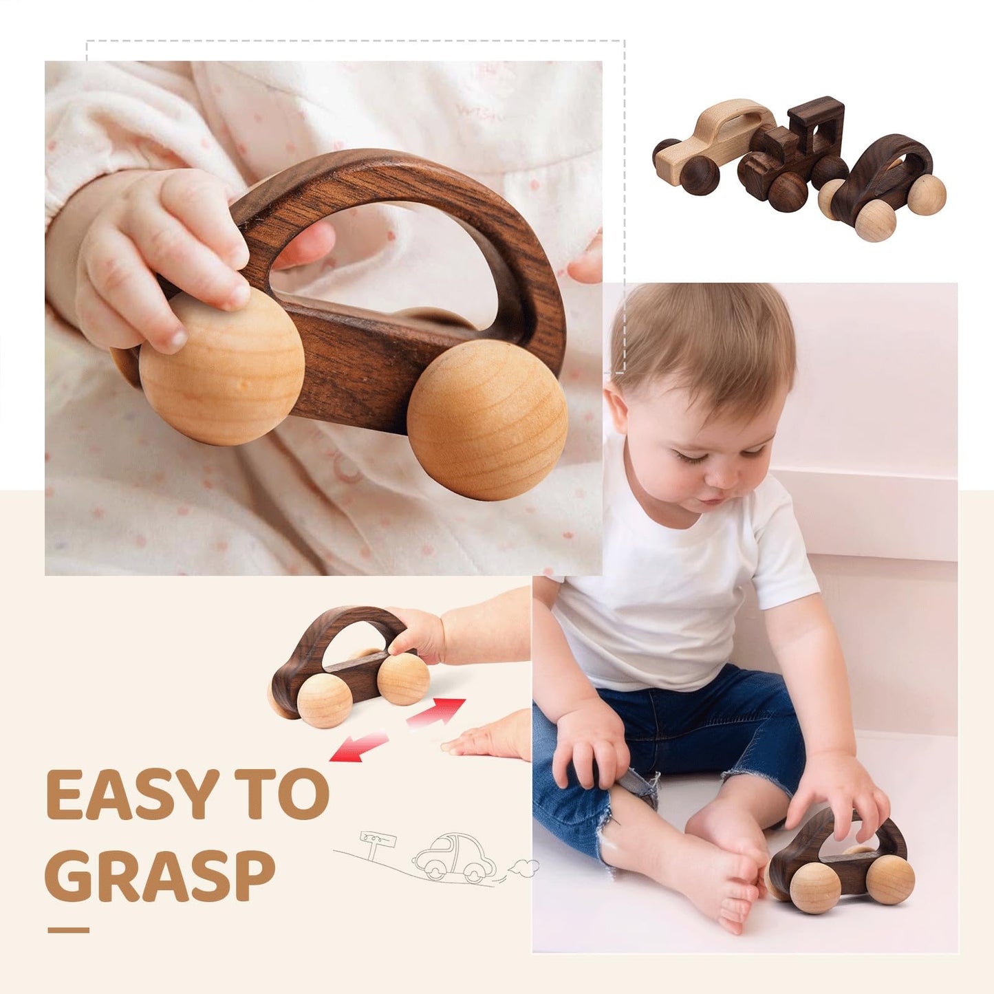 3Pcs Wooden Baby Toys,Baby Grasping Toys Push Car Toys Montessori Toys Wooden Toy Vehicles,#2