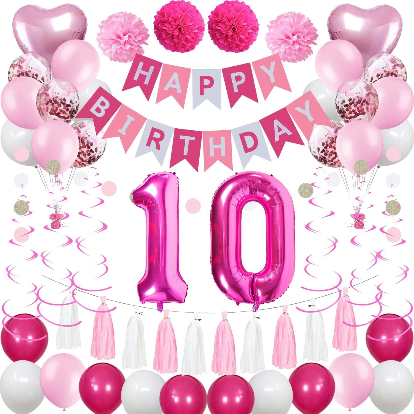 Sweet 10Th Birthday Decorations For Girls, Pink And White 10 Happy Birthday Balloons,10Th Birthday Party Supplies For Daughter H
