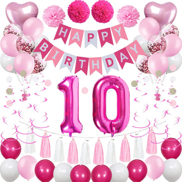 Sweet 10Th Birthday Decorations For Girls, Pink And White 10 Happy Birthday Balloons,10Th Birthday Party Supplies For Daughter H