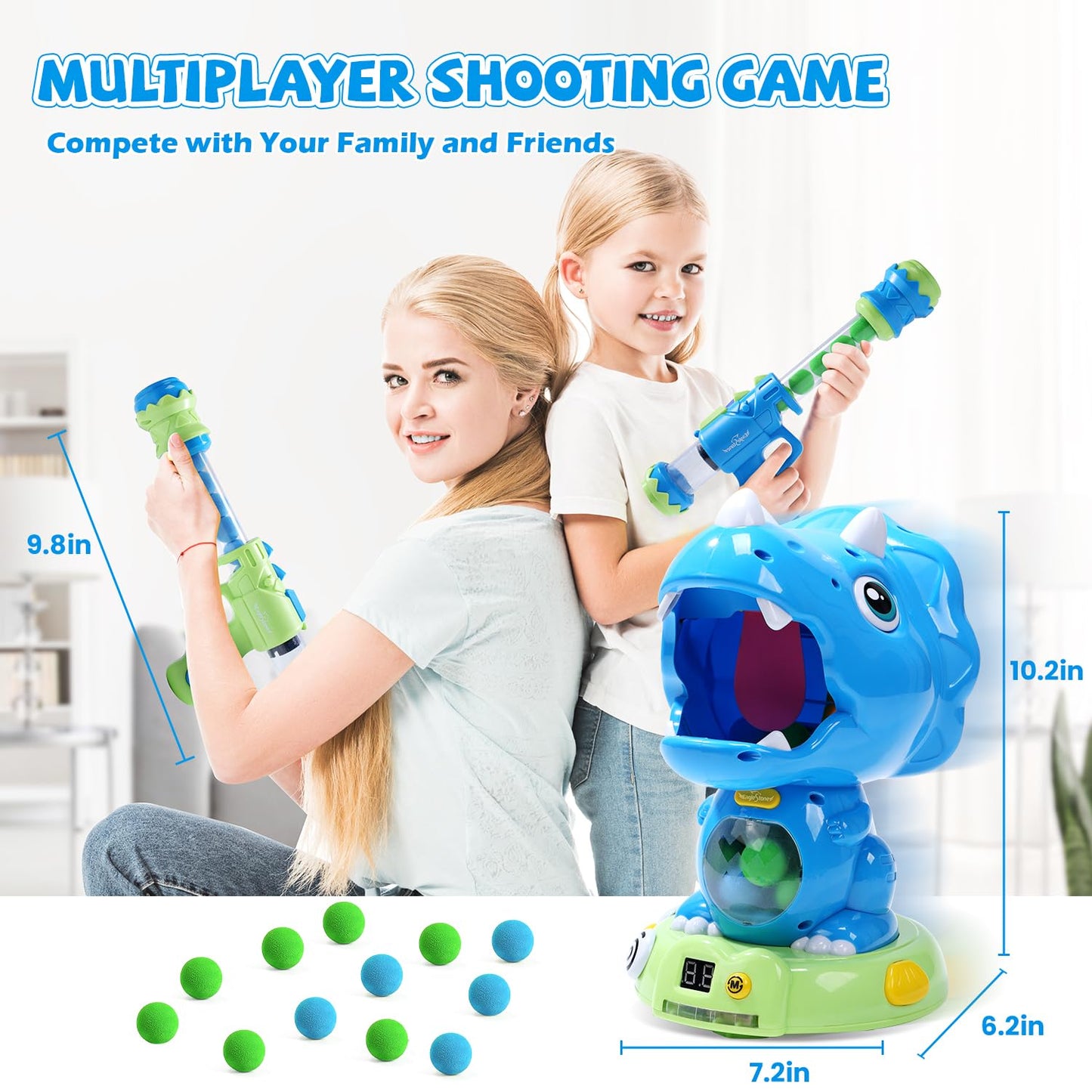 EagleStone Moveable Triceratops Shooting Toy - Medium EVA Foam, Blue, Model 8808-10B, LCD Score Record for Kids