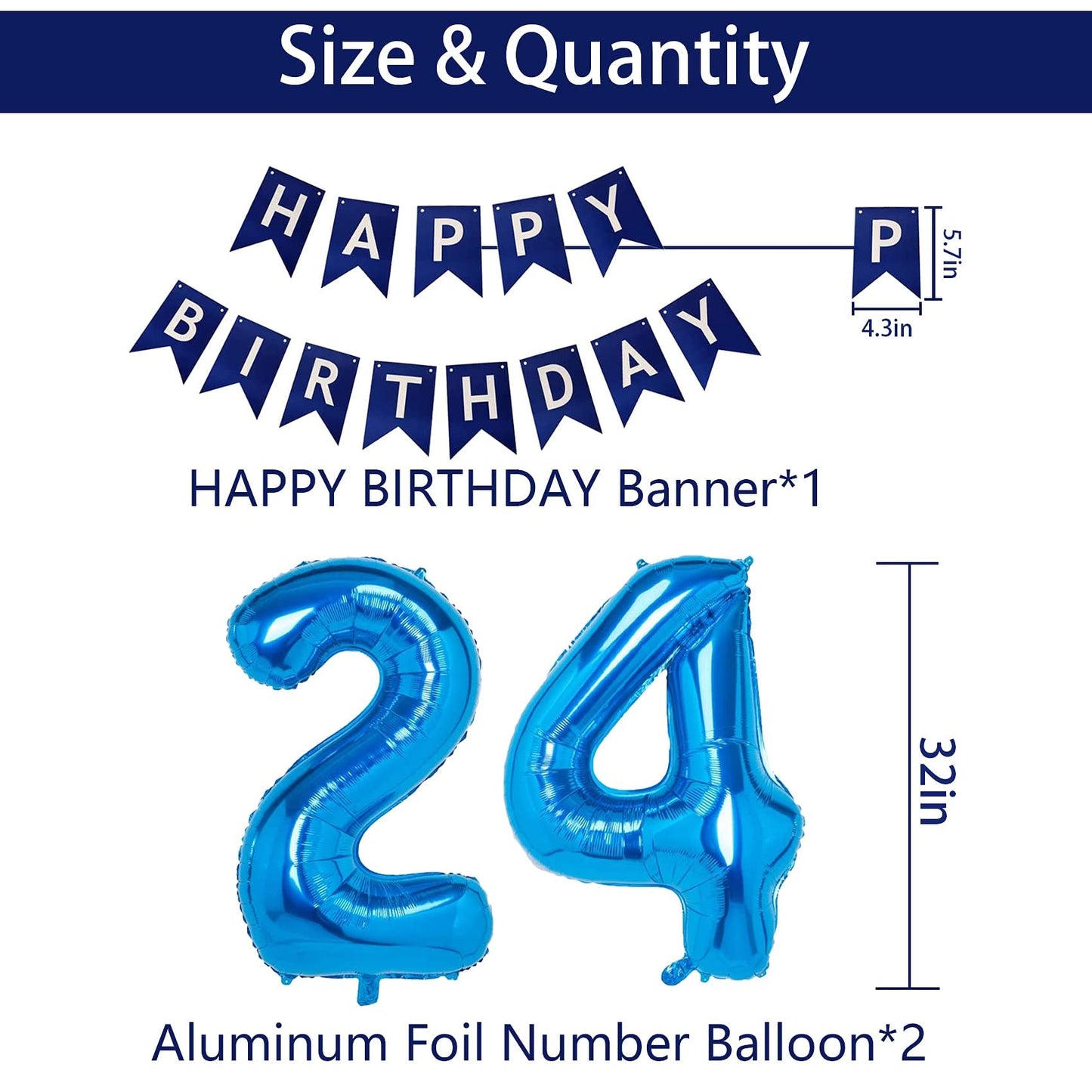 Naninuneno 24Th Blue Birthday Party Decorations For Boy Girl Men Women, Happy 24 Birthday Balloons Supplies With Happy Birthday