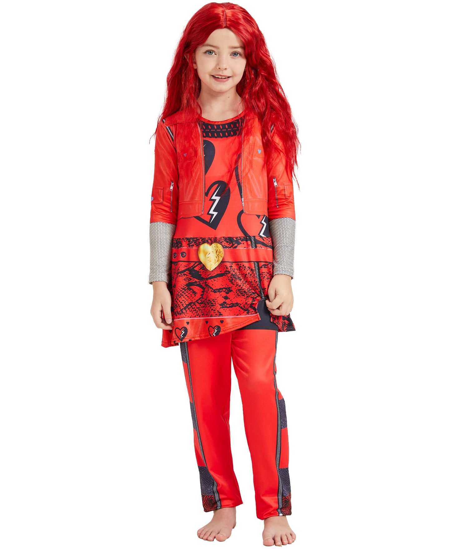 Girl Red Costume With Wig Rise Red Princess Kids Hallowen Party Dress Up Jumpsuit (Red, X-Large(9-10 Years))