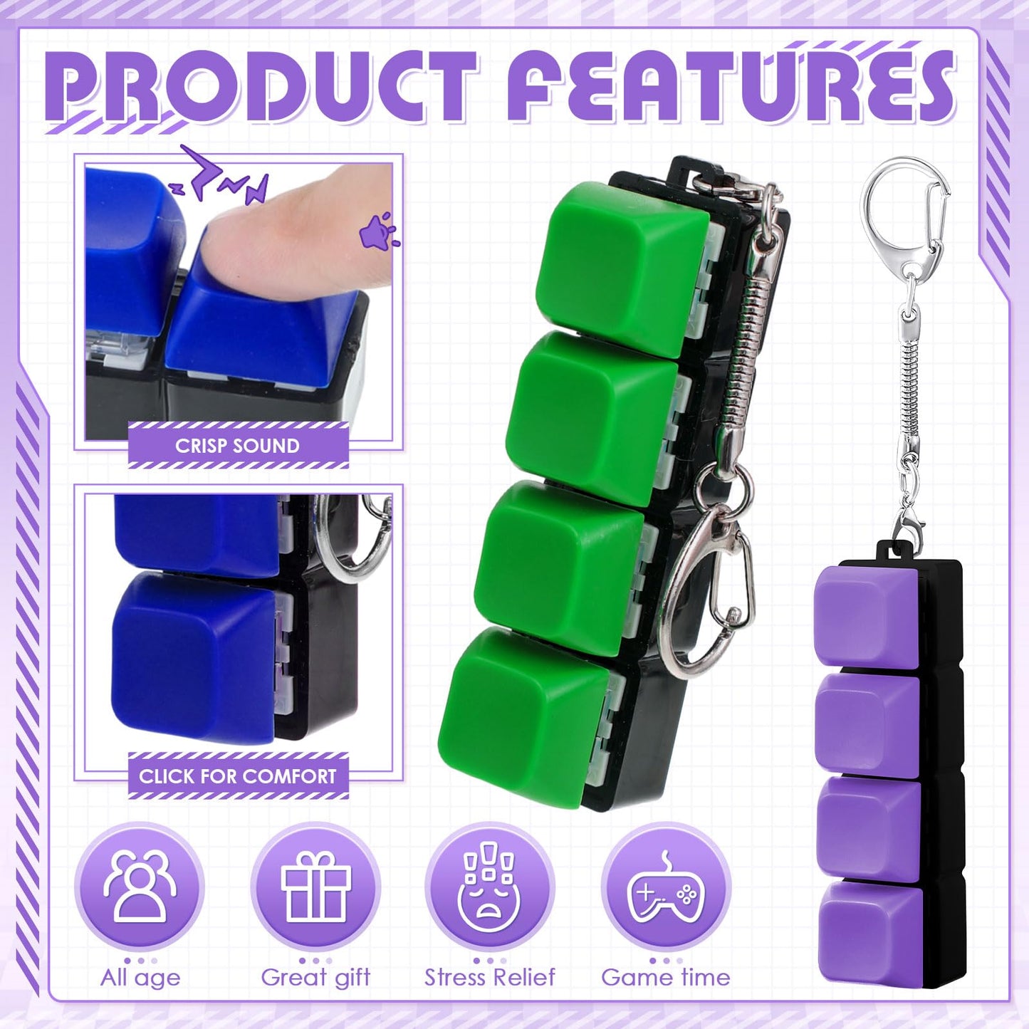 Halloscume 4 Pcs Keyboard mature-themed Fidget Toy Clicker Toy 4-in-1 Keyboard Fidget Keychain Cube Mechanical Key Button Clicker Stress Relief Gift for Office School Home to Pass The Time (Solid Colors)